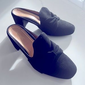 Black suede loafers with heels